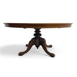 Victorian mahogany breakfast loo table, oval tilt-top on turned pedestal, quatrefoil out-s...