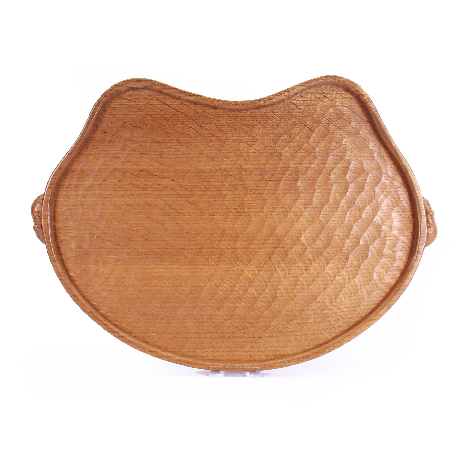 Mouseman - tooled oak twin handled tray, kidney-shaped form with raised lip edge, two carved mouse signatures forming the handles, by the workshop of Robert Thompson, Kilburn, by the workshop of Robert Thompson, Kilburn 