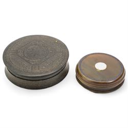 19th century French pressed horn circular box, the cover with a geometric design D6.5cm  and one other horn box with mother of pearl roundel (2)