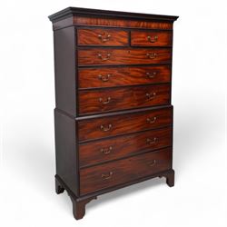 George III mahogany chest-on-chest, projecting dentil cornice over figured frieze, fitted ...