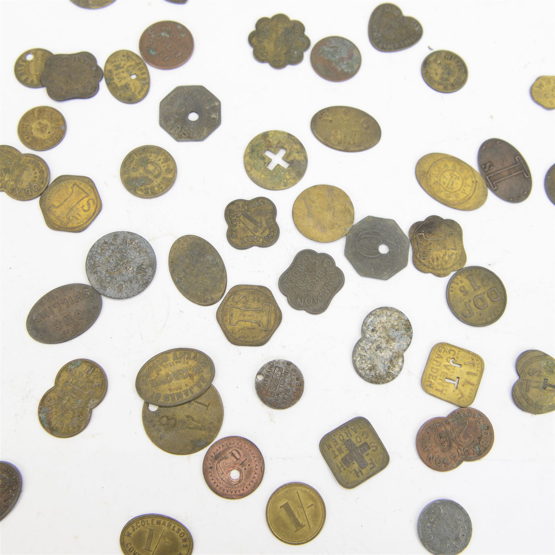 Collection of predominantly Covent Garden market tokens including 'J.B. Thomas Ltd' one shilling 'A.J. Chantler' one shilling, 'D. Bixby and Son' one shilling, 'H Miller' one shilling etc