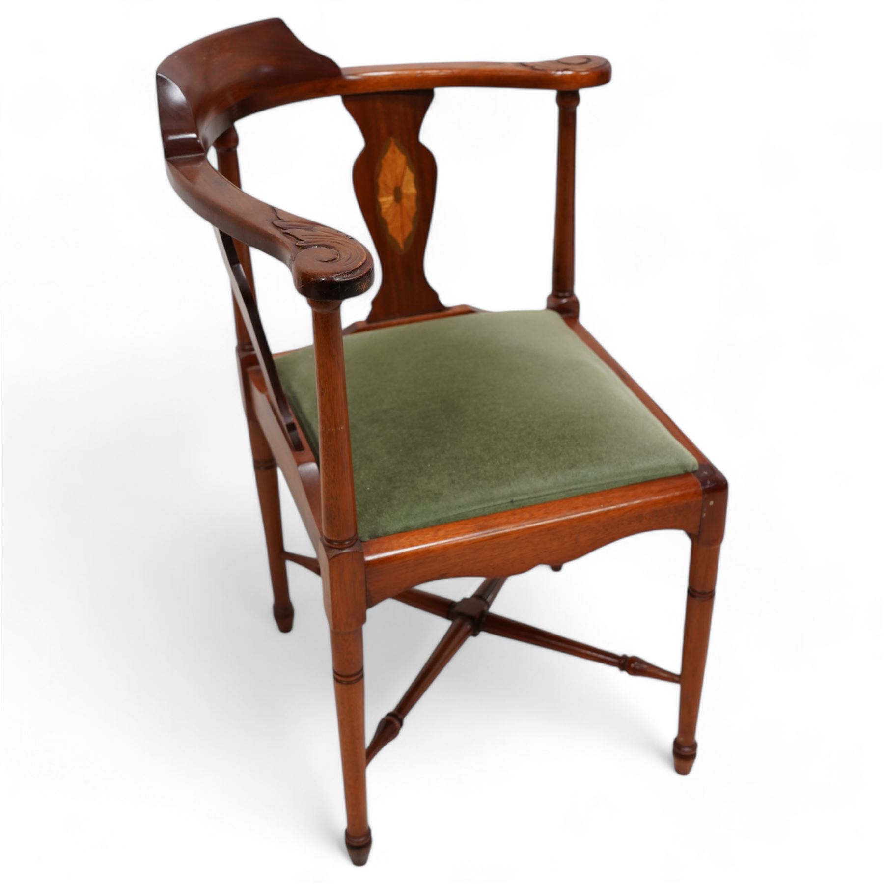 Edwardian inlaid mahogany corner chair, sage green upholstered seat