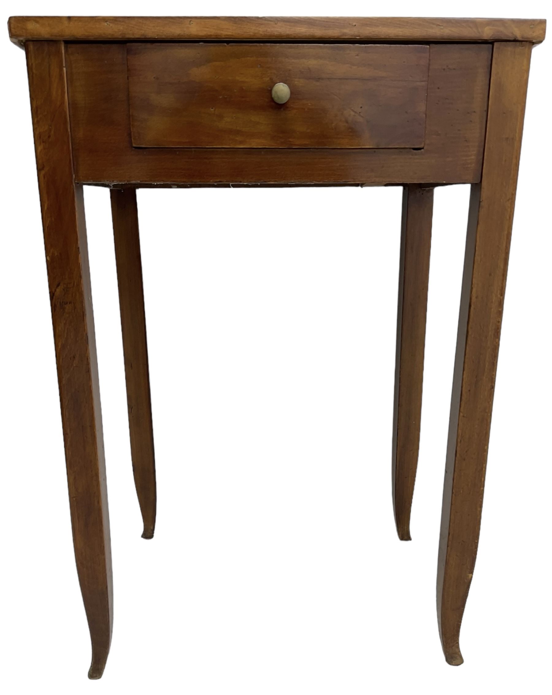 19th century Biedermeier design maple and beech side table, figured book-matched maple veneer top over single drawer, on square tapering supports terminating to pointed feet