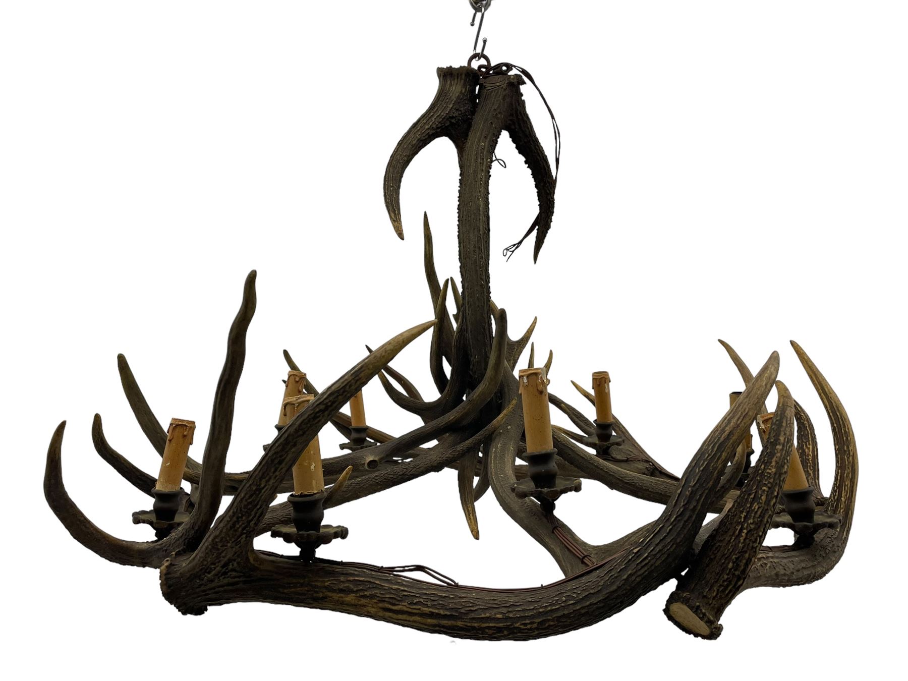 Deer antler chandelier, of circular shaped form, with nine fitted lights, D84cm, H65cm