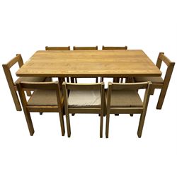 Treske of Thirsk - elm rectangular dining table (170cm x 89cm, H73cm); and set eight oak framed dining chairs