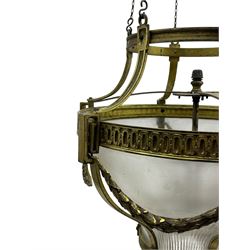 Edwardian brass ceiling light of circular bulbous form, moulded upper band over a guilloche cast central band united by shaped strapping, decorated with fruiting foliage festoons, fitted with frosted and vertical bevelled glass bowl, acanthus cast finial 