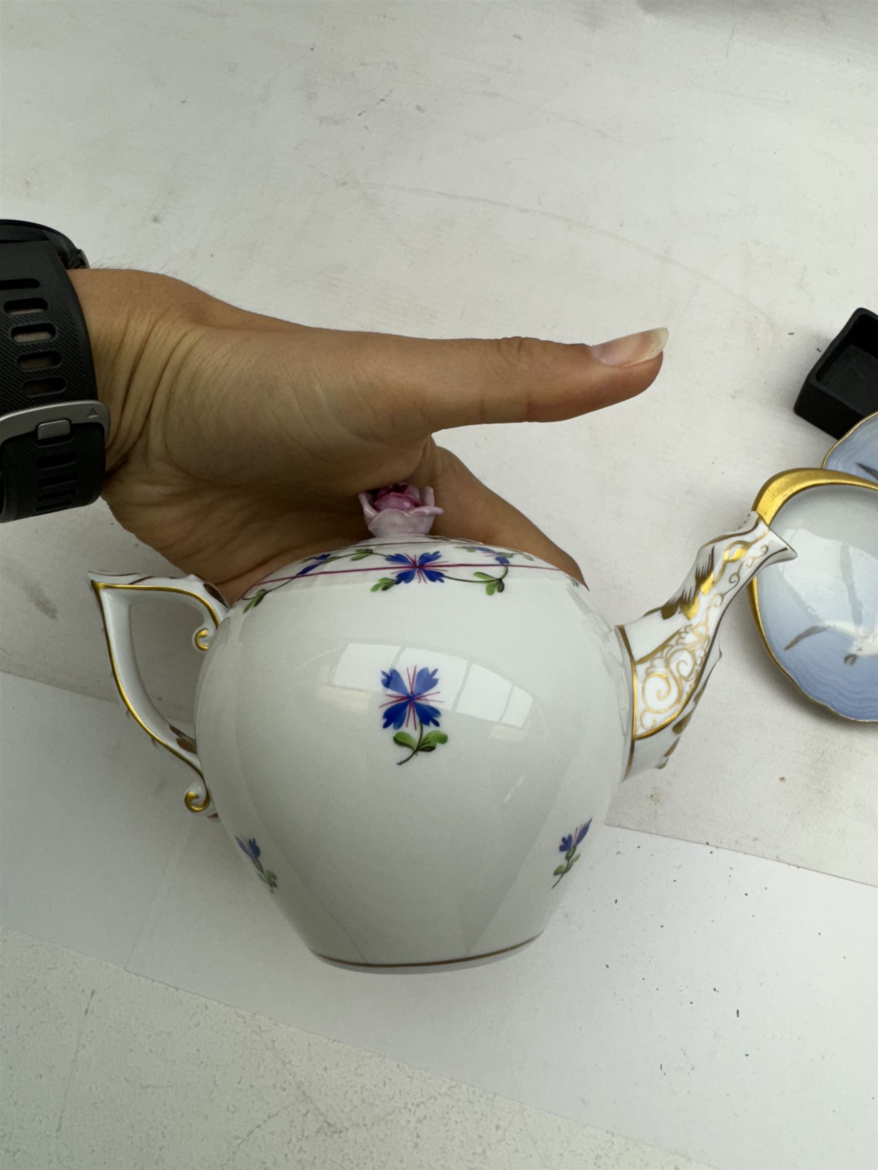 Herend Hungarian teapot and cover, decorated with floral sprigs and a rose finial, together with Wedgwood black basalt Egyptian collection trinket box and two B & G dishes 