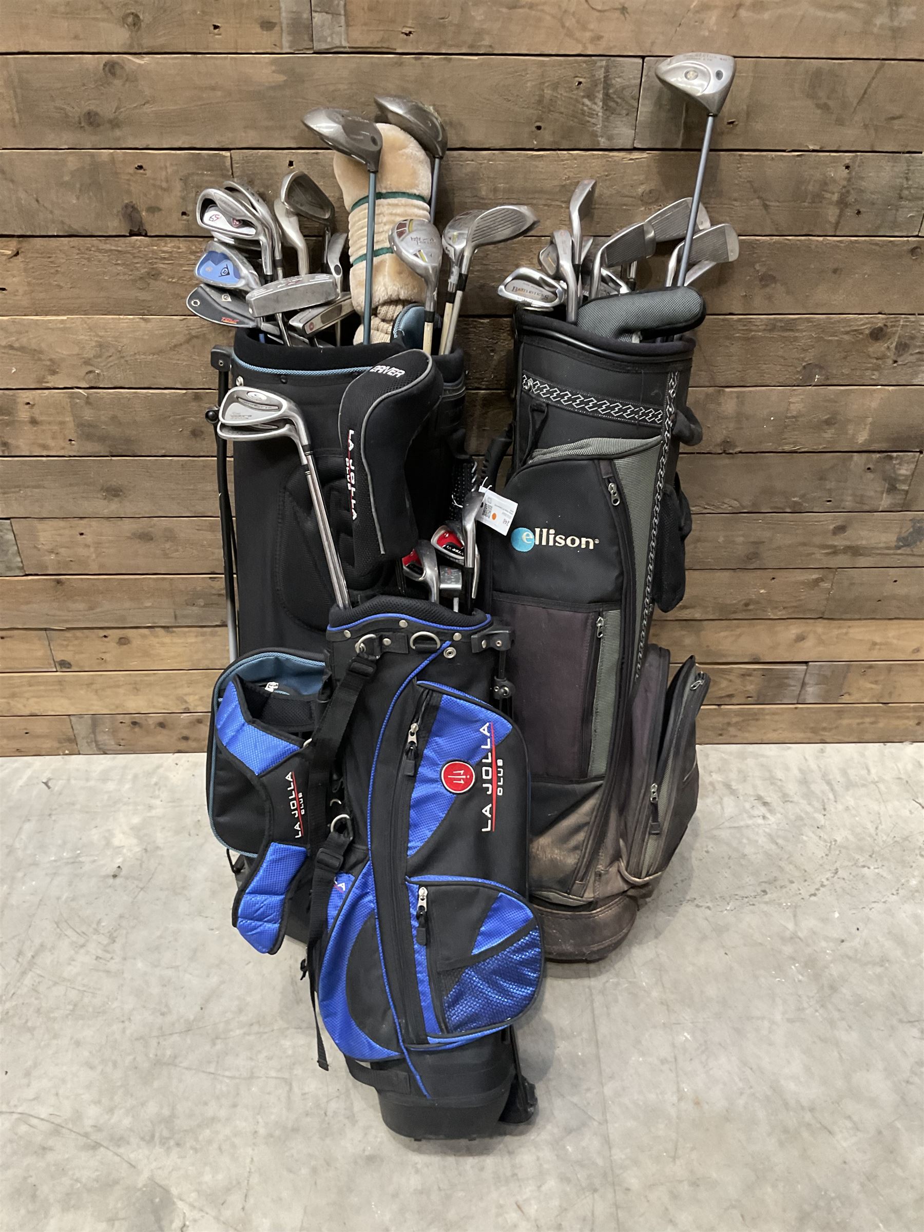 Battlesticks and other golf clubs in three bags