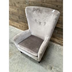 2 x Wing back armchair upholstered in silver crushed velvet fabric