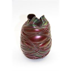 Austrian Art Nouveau Kralik glass Cardiac vase, the purple/green iridescent body with threaded vein decoration throughout, H18cm