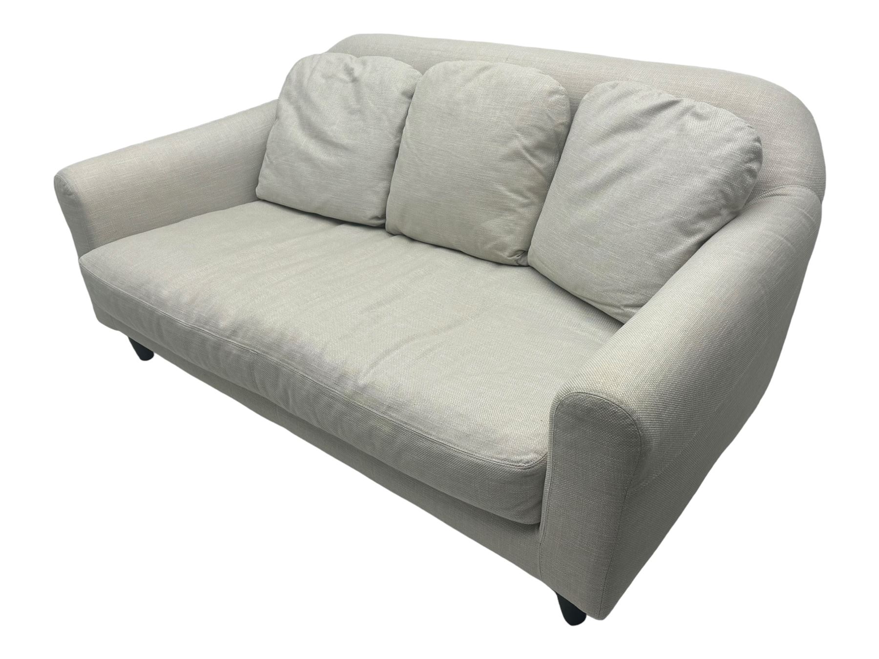 Habitat - contemporary three-seater sofa upholstered in neutral fabric, three scatterback cushions, raised on tapered supports