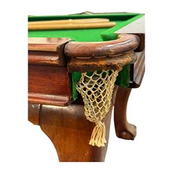 Riley - mahogany slate bed snooker dining table, green baize playing surface fitted with leather net pockets, raised on cabriole supports ending in ball and claw feet; together with set of Riley cues, balls and scoreboard