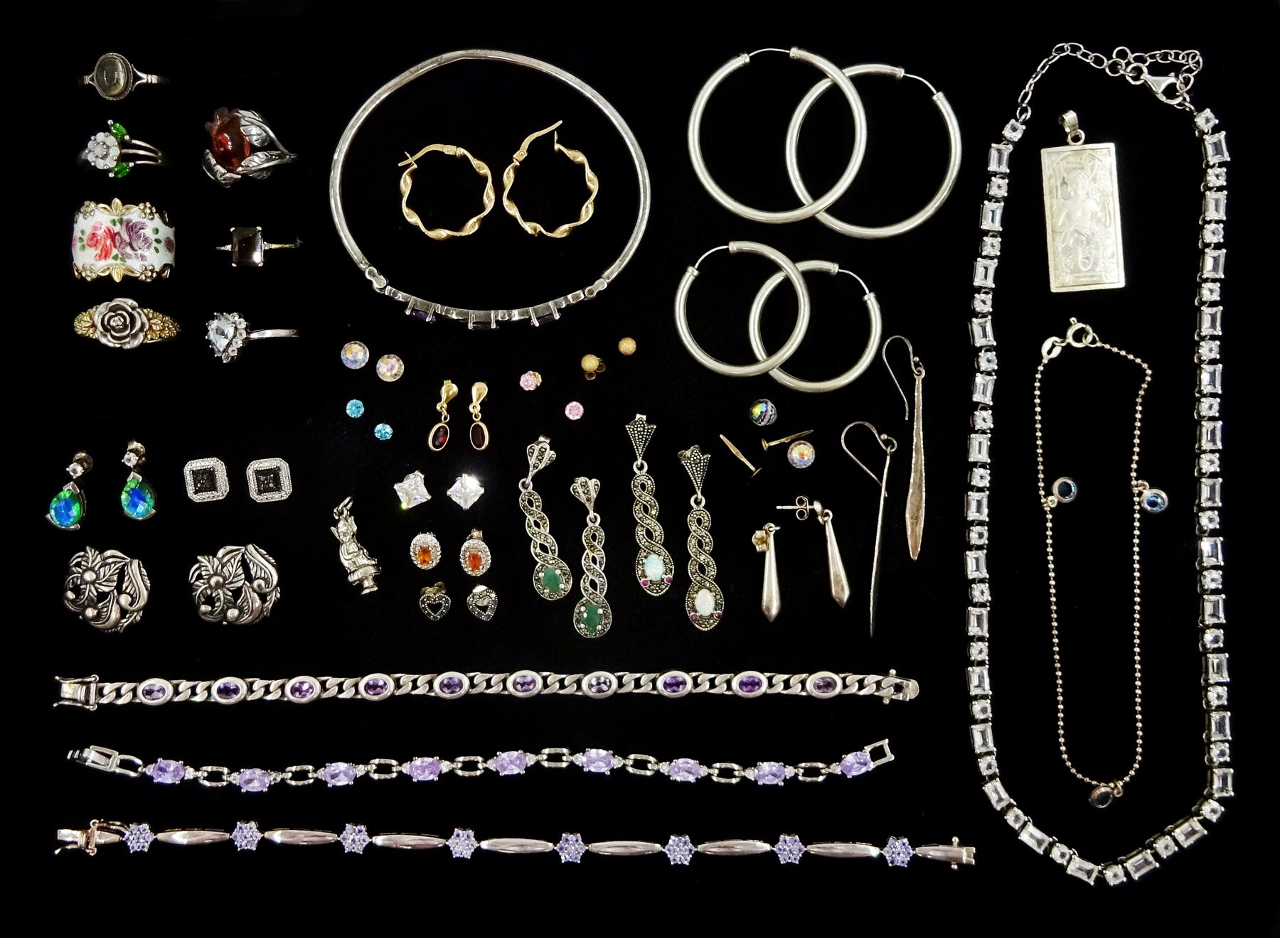 Silver and stone set silver jewellery including bracelets, necklaces, earrings and rings and pairs of 9ct stone set earrings