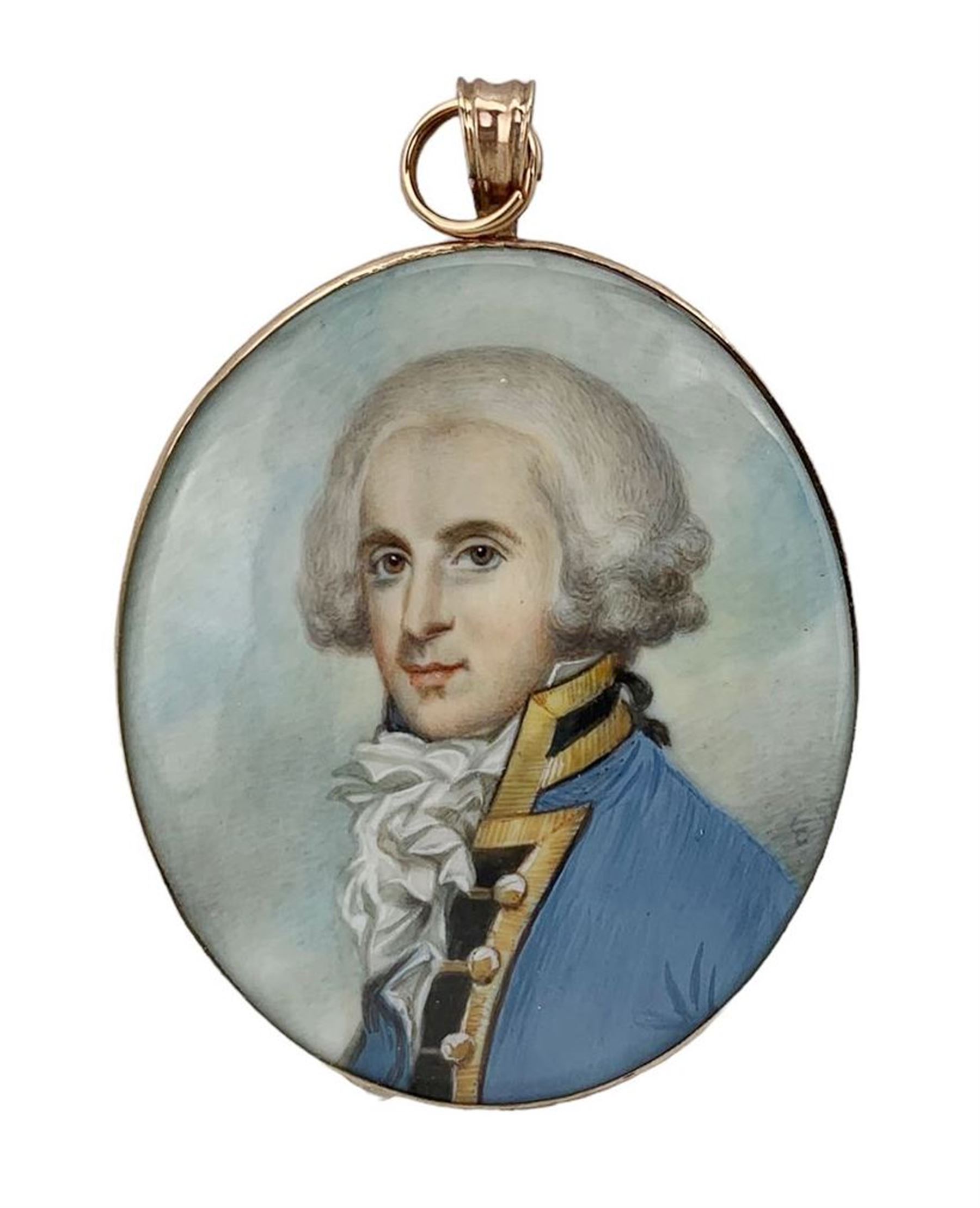 English School (18th/ early 19th century): Miniature portrait of a Gentleman, head & shoulder length, watercolour on ivory, unsigned, in oval copper frame, 6cm x 5.4cm. This item has been registered for sale under Section 10 of the APHA Ivory Act