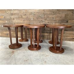 Six walnut circular bar or bedroom occasional tables