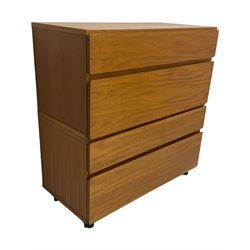 Mid-20th century teak four-drawer chest, featuring a minimalist design with two shallow and two deep flush drawer fronts, each with recessed handles along the top edge, the drawers open to reveal white laminate interiors, supported by castors