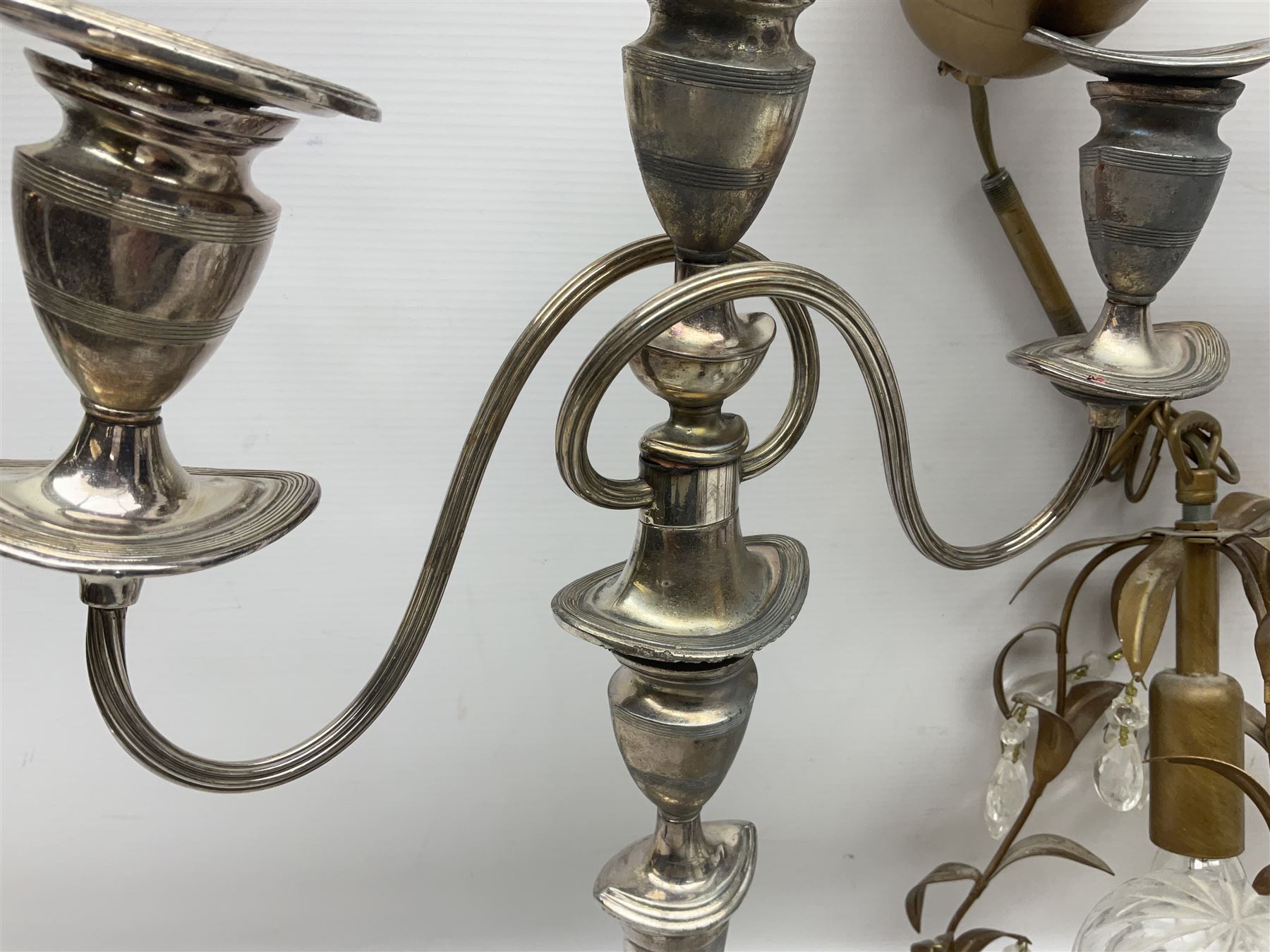 Two silver plate candelabras, together with two glass decanters, necklace and other collectables 