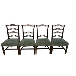 Set of twelve (10+2) Chippendale revival stained beech dining chairs, pierced waived ladder backs with over-stuffed over seats, on square moulded supports joined by stretchers