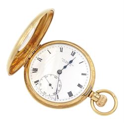 Early 20th century 9ct gold half hunter lever pocket watch, white enamel dial, with Roman ...