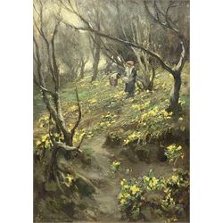 Arthur A Friedenson (Staithes Group 1872-1955): The Primrose Gatherers, oil on panel signed 25cm x 35cm