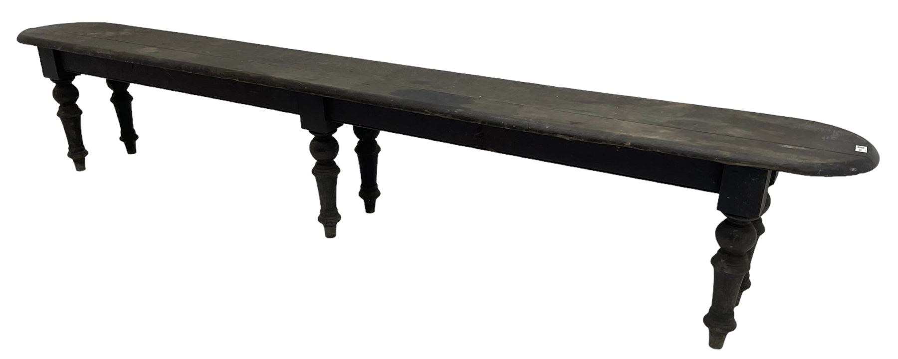 Large 19th century stained oak 9' hall bench, rectangular seat with rounded ends on turned supports