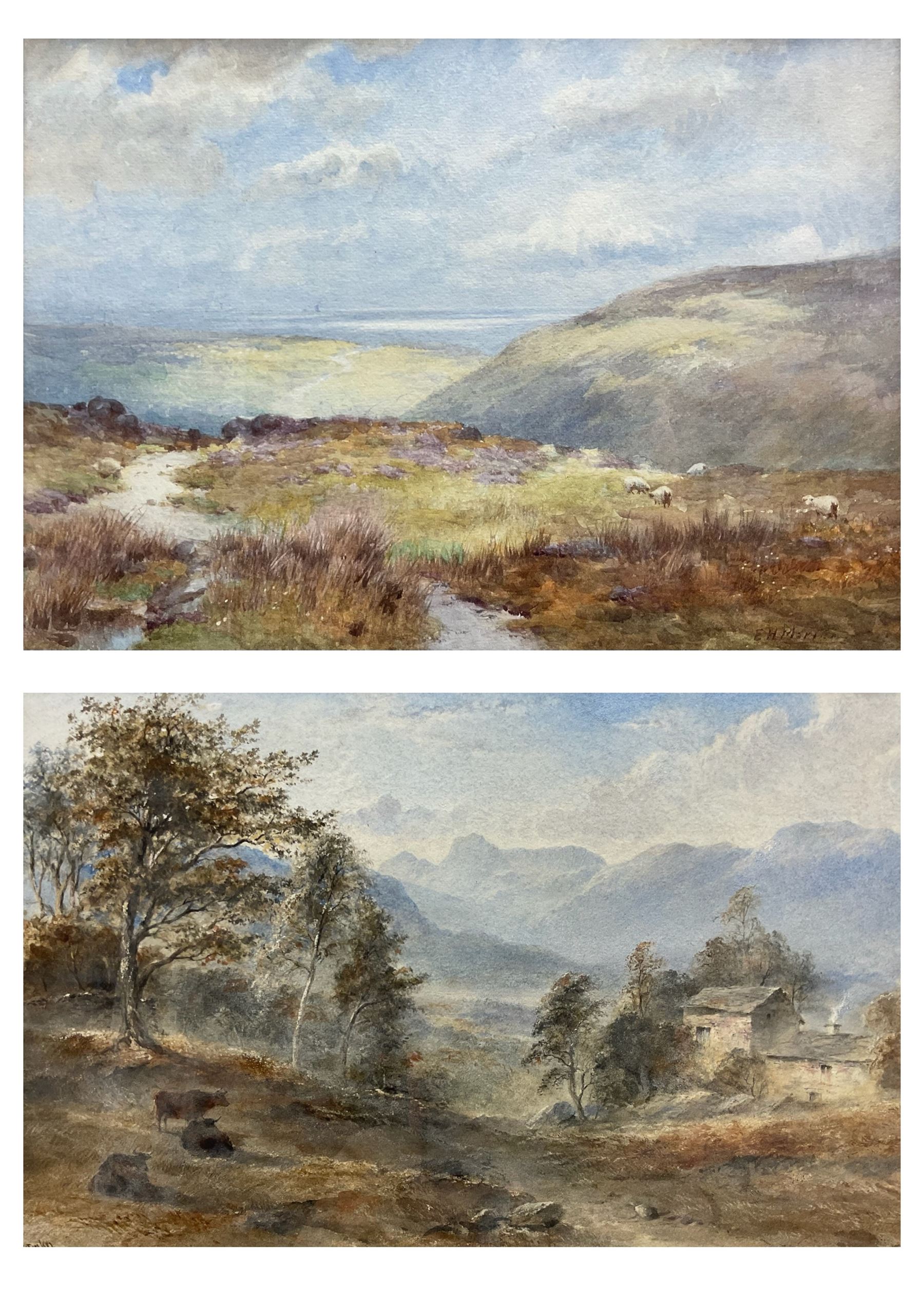 Elliot Haigh Marten (British 1866-1953): Moorland Landscape looking out to Sea, watercolour signed 27cm x 38cm; Edward Tucker Snr (British c.1825-1909): Farmstead in the Mountains, watercolour signed 28cm x 44cm (2)