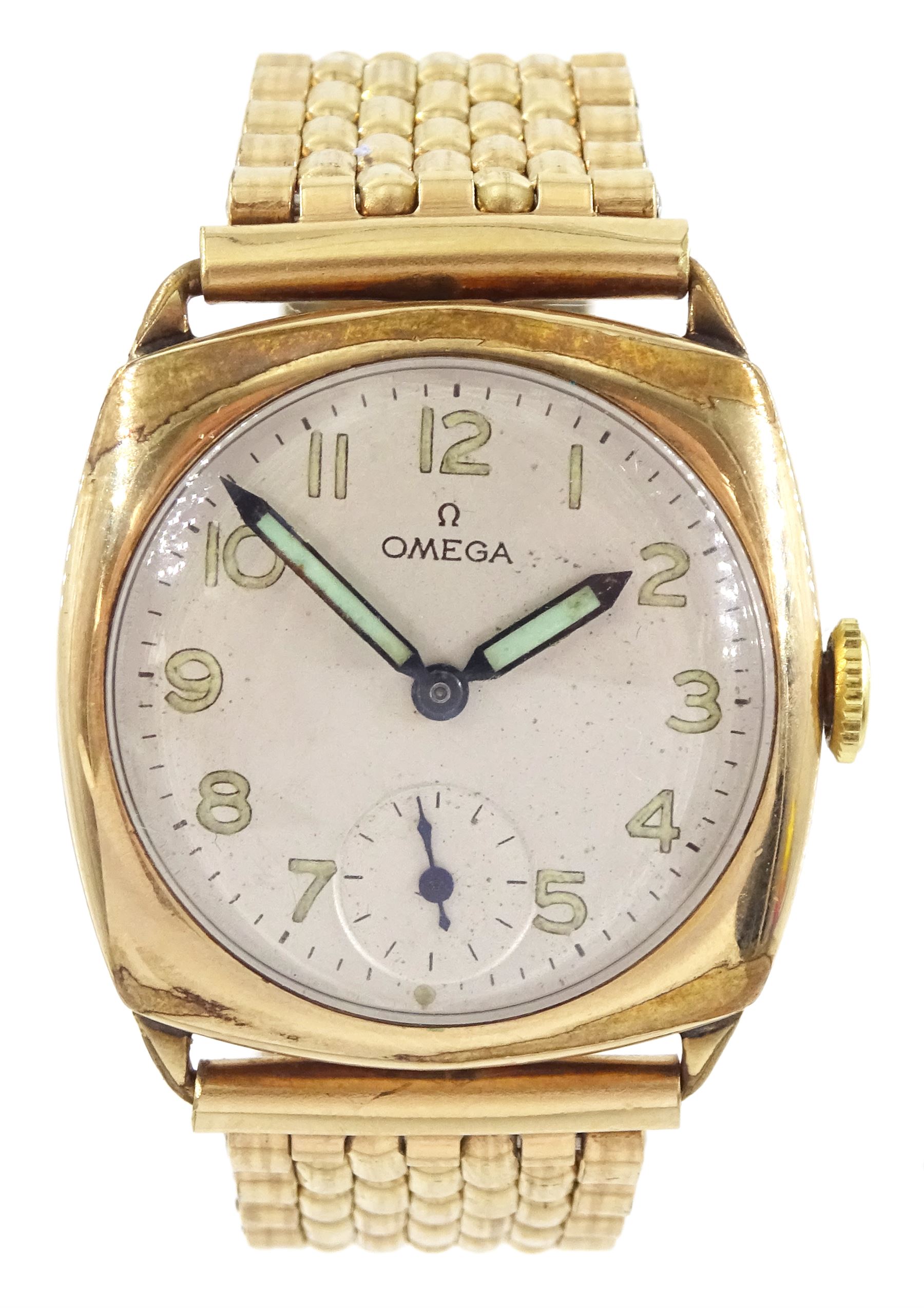 Omega gentleman's gold-plated manual wind wristwatch, serial No. 8657521, silvered dial with subsidiary seconds dial and luminous markers, on gold-plated bracelet