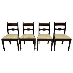 Georgian design set of six (6+2) mahogany dining chairs, the bar cresting rail inlaid with figured mahogany panel, shaped twist lobe carved middle rail with extending stylised leaf decoration, upholstered drop-in seat, on turned front supports 