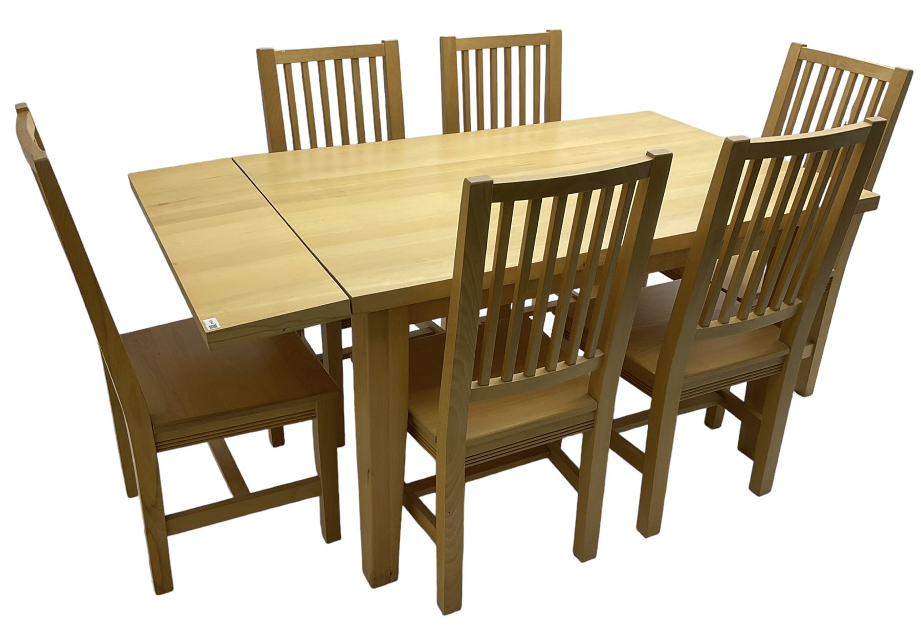 Solid beech rectangular dining table (89cm x 135cm - 160cm, H77cm), and a set of five beech dining chairs