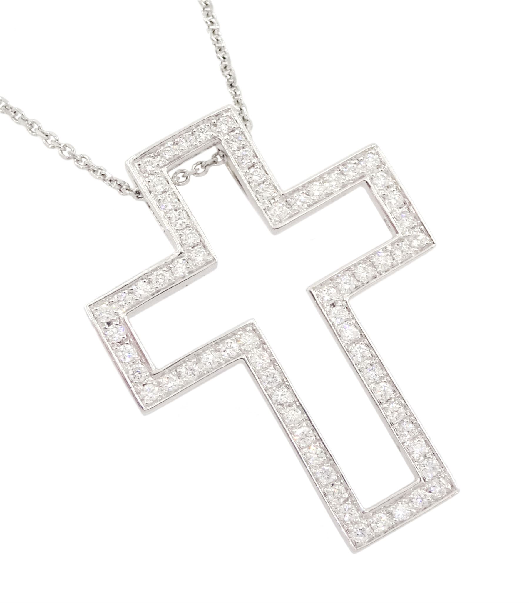 18ct white gold two piece princess cut sapphire and round brilliant cut diamond cross pendant, hallmarked, total sapphire weight approx 1.75 carat, total diamond weight approx 0.50 carat, on silver chain