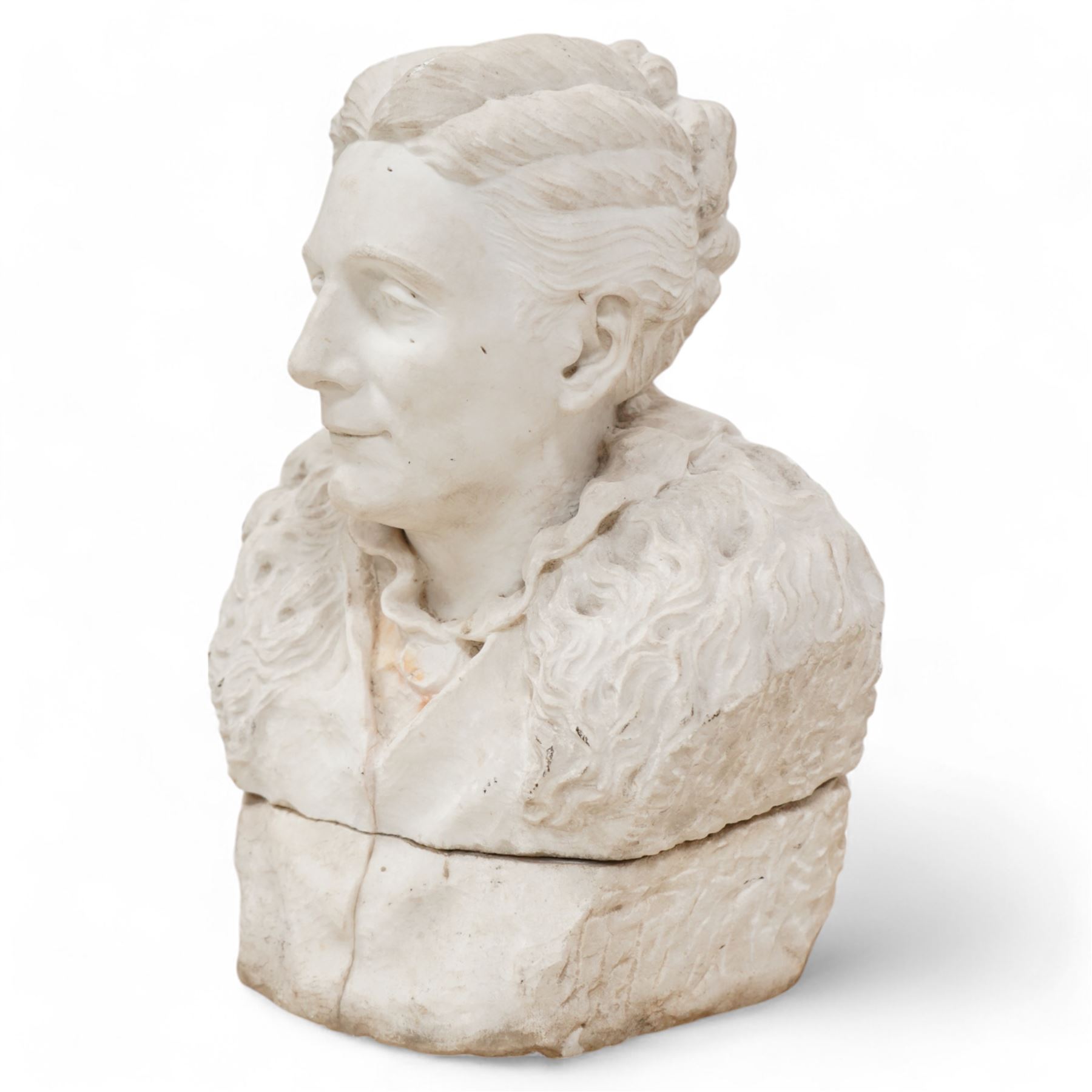 William Charles May (1870-1931): carved white marble bust depicting Mrs W Lister, signed and named verso