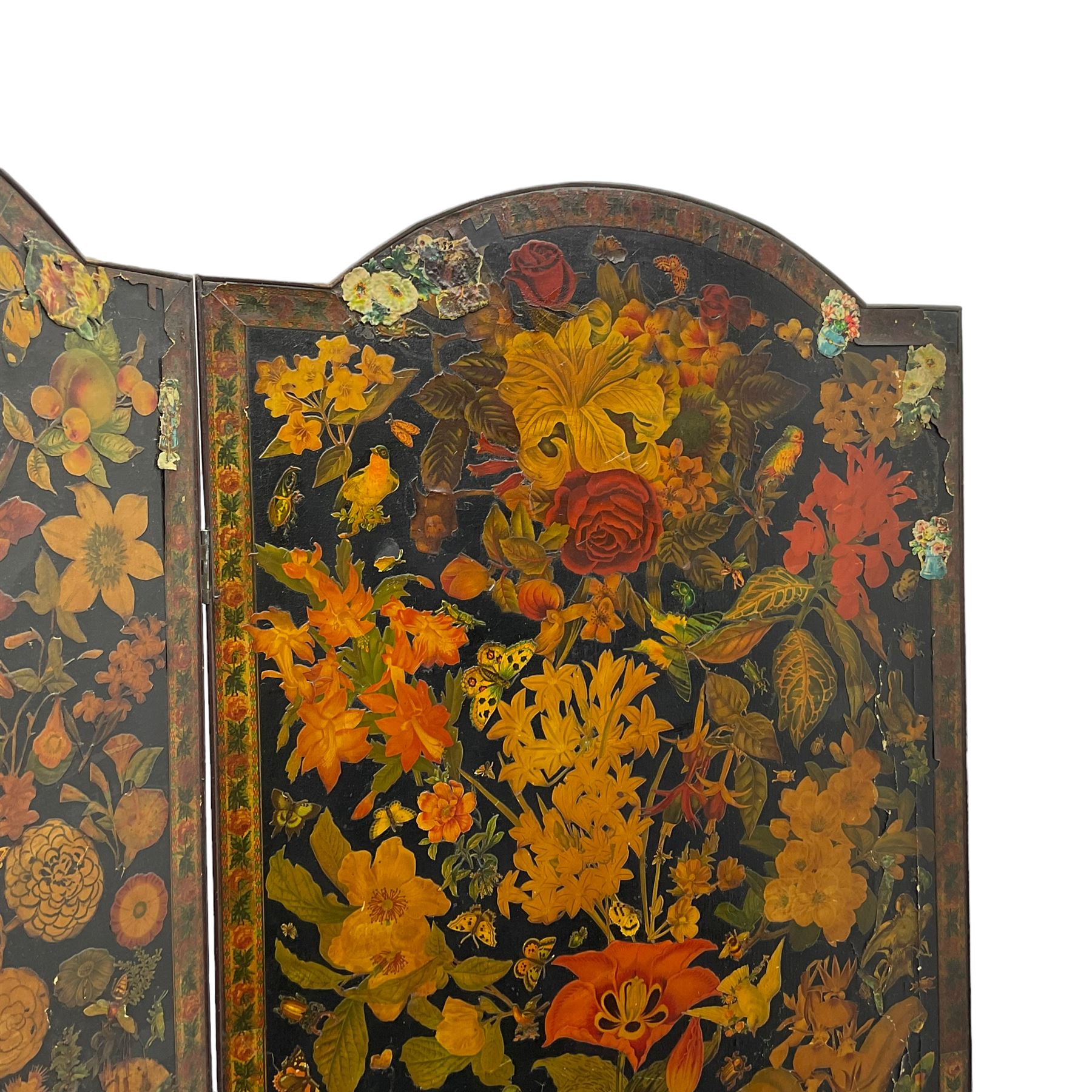 Late Victorian découpage scrap screen, three folding panels decorated with applied plates and cut-outs of portraits, floral and foliate images and animals