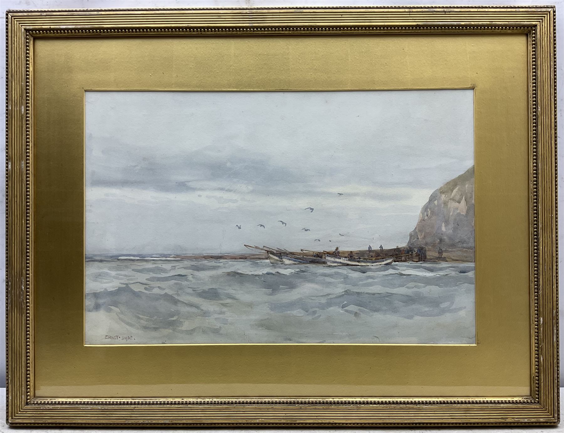 Ernest Dade (Staithes Group 1864-1935): Cobles Moored at Penny Nab - Staithes, watercolour signed 34cm x 52cm