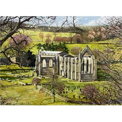 Peter Lapish (British 1937-): 'Bolton Abbey from the Cliff', acrylic on paper signed, titl...