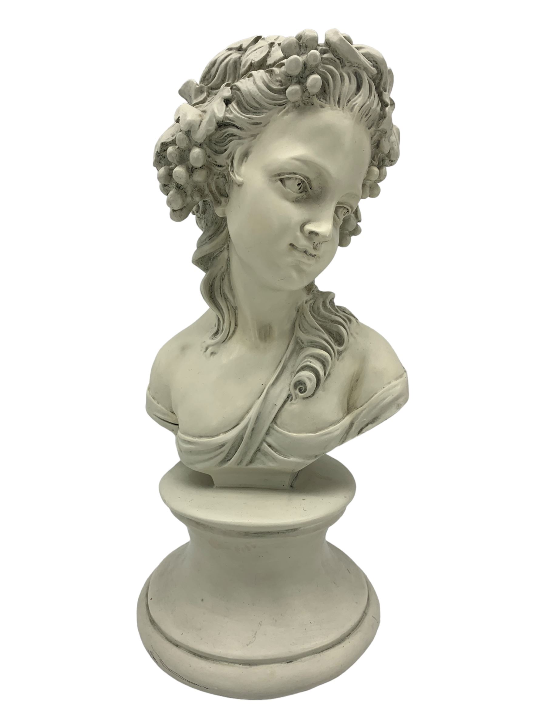 Parian ware model of a female bust on socle plinth, H20cm, resin model of 'Venus', together with other resin and composite classical figures and busts, H42cm max (6)