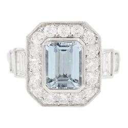 Platinum aquamarine and diamond cluster ring, emerald cut aquamarine of approx 1.40 carat,...