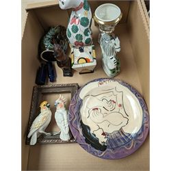 Collection of vintage ceramics, including cat figures, Staffordshire style figures, bookends etc