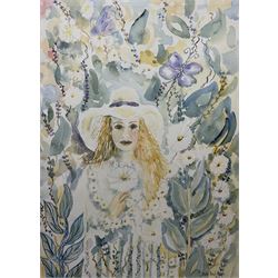 Beth Neal (British 20th Century): A Lady in Her Garden, watercolour signed 52cm x 38cm 