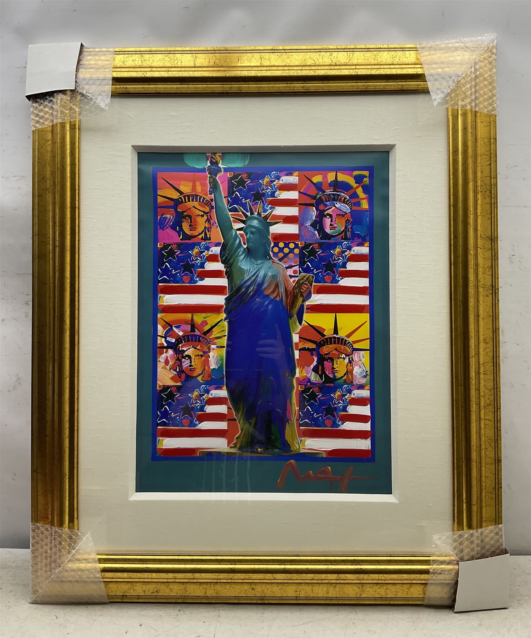 Peter Max (American 1937-): 'United we Stand', 'Liberty and Justice for All', 'God Bless America - With Five Liberties', 'God Bless America II', 'Peace on Earth', and 'Land of the Free, Home of the Brave', set of six mixed media with acrylic and colour lithography 59cm x 44cm (6)