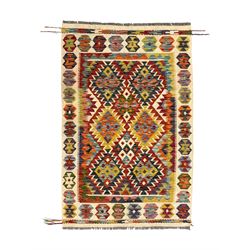 Chobi Kilim flatweave rug, cream ground with a multicoloured geometric diamond field, fram...