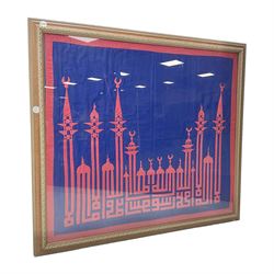 Large fabric needlework study of a temple, framed, H102cm, W116cm