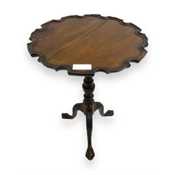 Georgian design mahogany tripod table, pie-crust moulded circular top, raised on turned an...