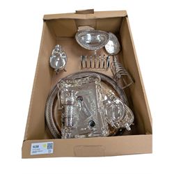 Silver plated items, including circular tray, sauceboats, basket, toast rack, sugar caster, etc 