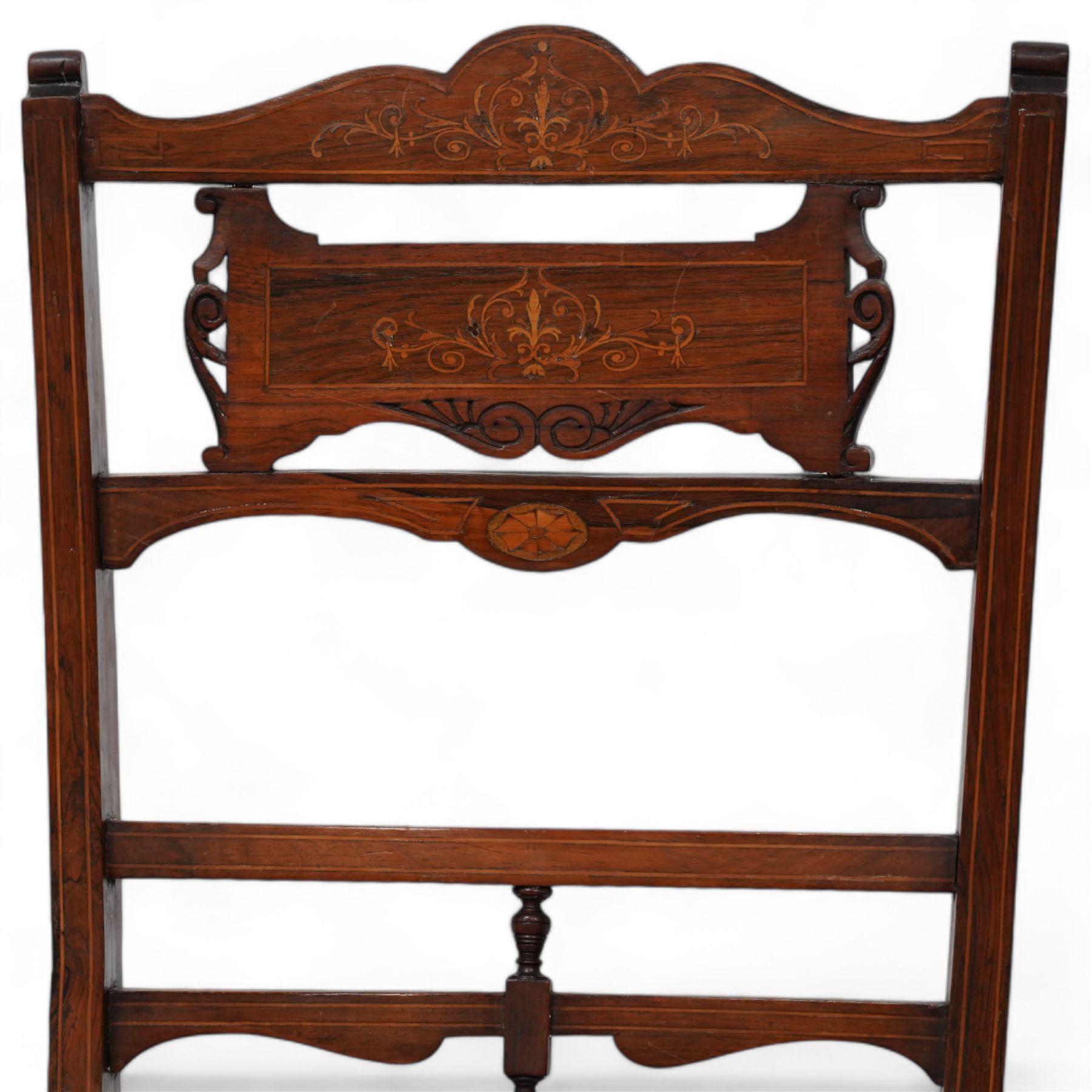 Edwardian inlaid mahogany and rosewood salon suite - two-seat sofa (W112cm, H90cm, D60cm); set of four side chairs (W44cm, H90cm); inlaid with scrolling foliate motifs, upholstered in light blue fabric, on turned supports inlaid with boxwood stringing