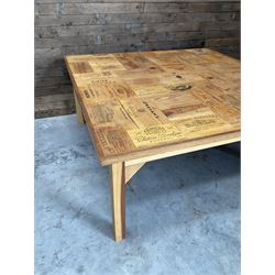 Square centre dining centre table, parquetry wine crate top with oak edging, on beech legs