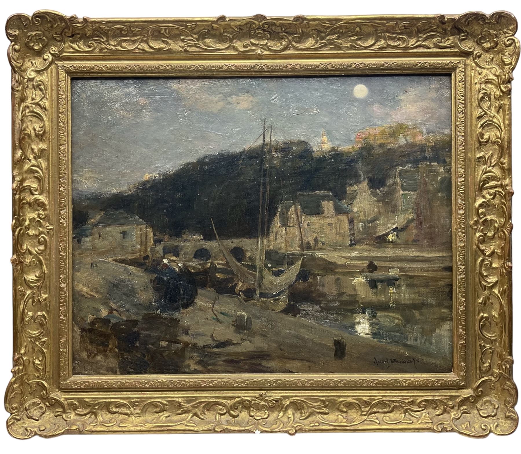 Owen Bowen (Staithes Group 1873-1967): 'Dinan Brittany' - Fishing Village at Moonlight, oil on canvas signed, labelled verso 37cm x 47cm