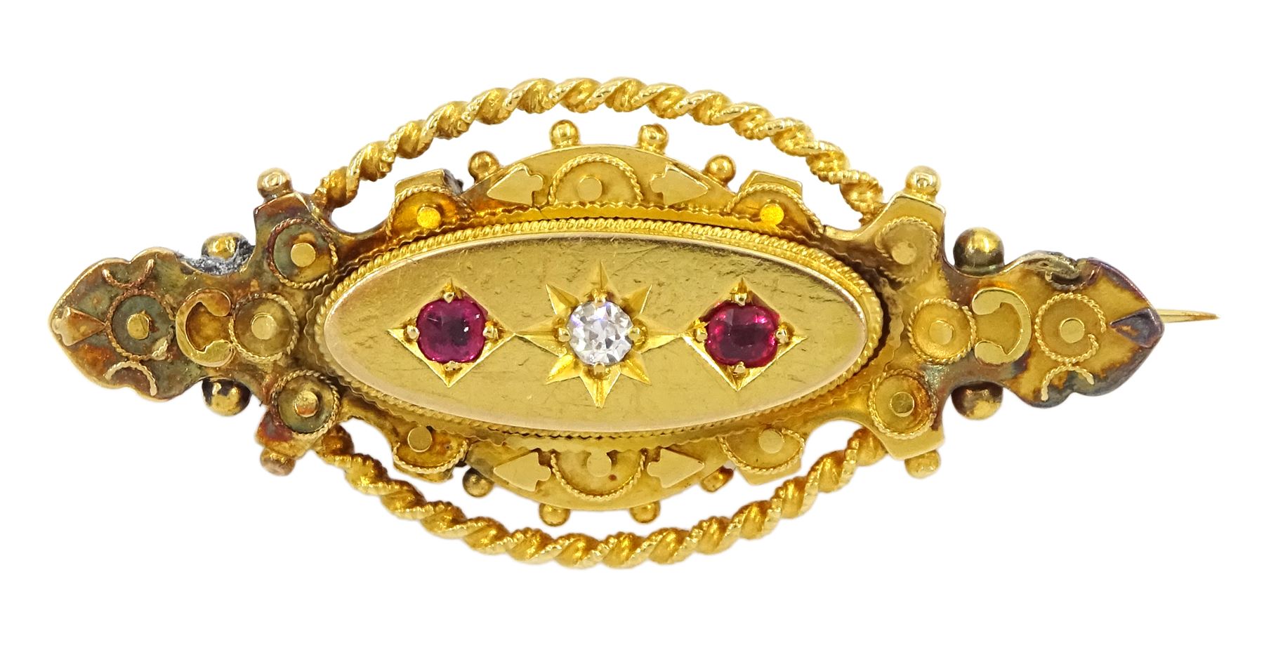 Victorian 15ct gold diamond and garnet brooch, stamped 15.625