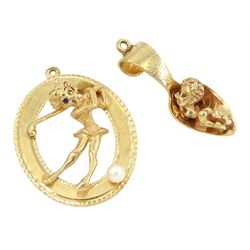 Gold 'Good Enough to Eat' pendant and a gold cultured pearl lady golfer pendant, both stamped 14K