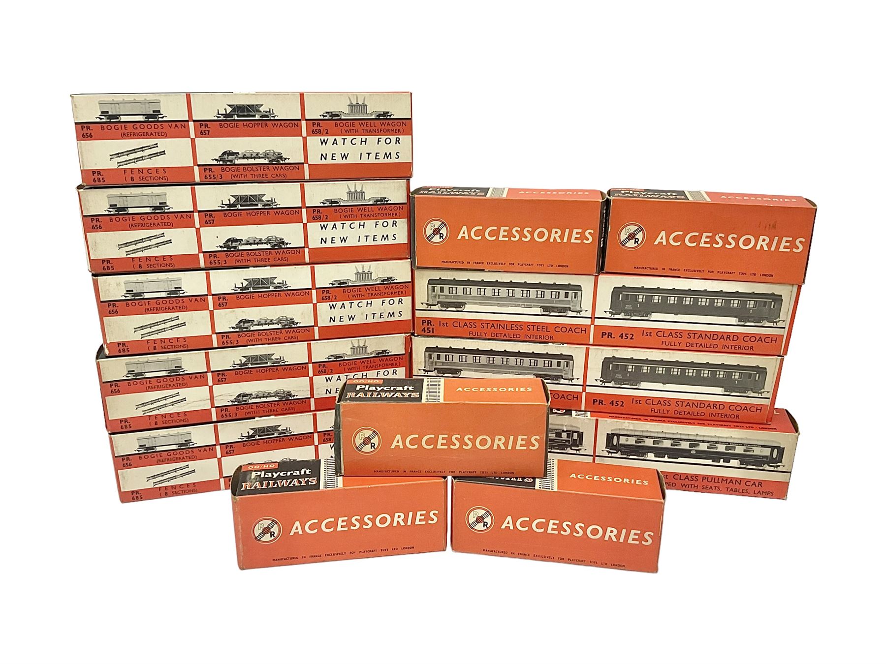 Playcraft Railways HO/OO gauge - boxed rolling stock and accessories comprising coaches, wagons and a small amount of track; all boxed (13)