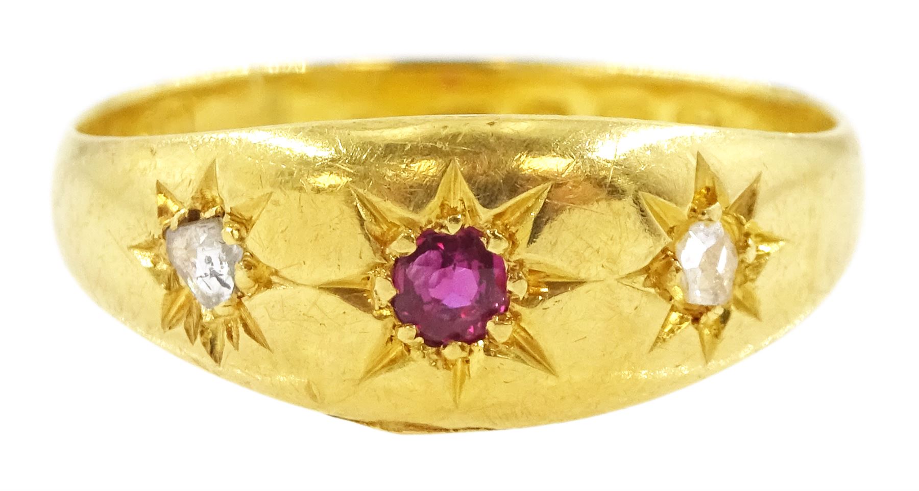 Victorian 22ct gold three stone gypsy set ruby and diamond ring, London 1865